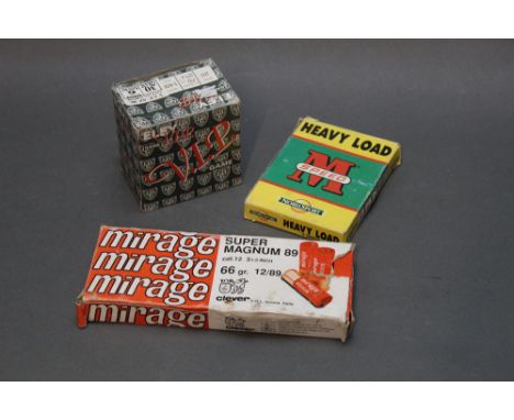 Ten Mirage super Magnum (3 1/2") 12 bore shotgun cartridges, together with a box of Noble Sport Heavy Load M  Speed 20 bore s
