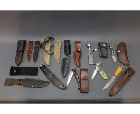 Five folding and fixed blade pocket knives, multi tools etc, together with eleven sheath knives by Gerber and Agouti.