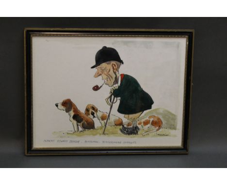 Wilk (John William Wilkinson 1906-1994), a watercolour cartoon of Albert Edward Benson, huntsman Windermere Harriers, signed 