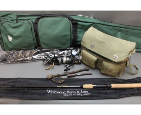 A Wychwood Rogue-X lure rod, in two sections, 7', together with a Crane Sports rod bag, landing net, various reels, priests, 