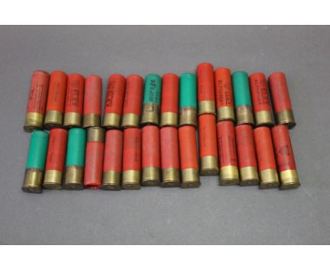 Twenty eight 12 bore 3" shotgun cartridges, various makes, paper and plastic case.  SHOTGUN CERTIFICATE REQUIRED.  WE CANNOT 