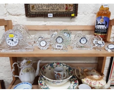 LARGE SHELF LOT OF CRYSTAL CLOCKS TO INCLUDE TYRONE AND WATERFORD