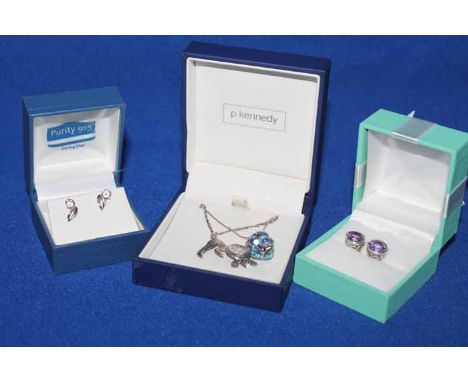 COLLECTION OF JEWELLERYincluding a gold and diamond wishbone ring; thick sterling silver rope chain; amethyst earings; Rennie