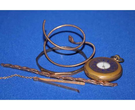 GOOD LOT OF GOLD AND OTHER ITEMSincluding snake head bangle, two other bangles, gold plated pocket watch, etc 
