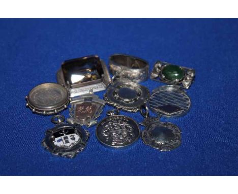 SILVER BOXING FOB, FIVE SILVER FOBS, TWO SILVER BROOCHES, UNMARKED SILVER TIE CLIP AND A VICTORIAN COIN IN PENDANT MOUNT 