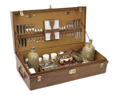 An impressive leather-cased picnic set for six persons by G W Scott &amp; Sons, London, circa 1905,honey leather case with le