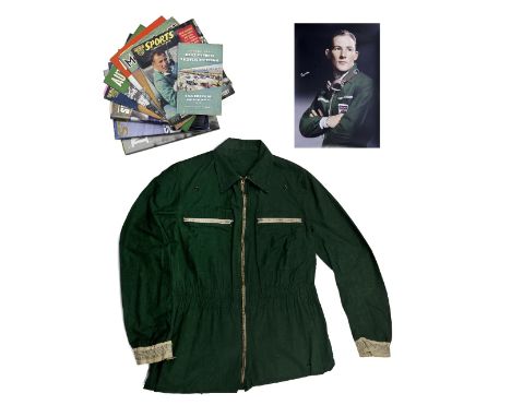 A pair of Stirling Moss overalls by Grenfell Cloth, 1953-54,green with press stud collar flaps, jersey cuffs, elasticated ank