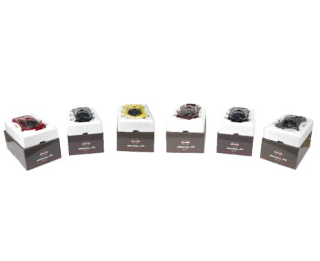 A set of six first edition McLaren F1 1/12 scale models,by Paul's Model Art, in metallic grey, metallic burgundy, metallic bl