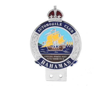 An 'Automobile Club Bahamas' enamelled car badge,chrome plated and enamelled in six colours, with lug for car mounting, 14cm 