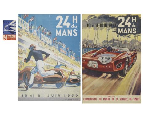 24 Heures du Mans 1955 advertising print, 1959 and 1961 posters,comprising 1955 small window sticker with artwork after Geo H