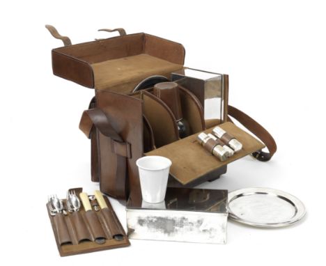 A leather-cased travelling drinks/picnic set for two persons by Walter Thornhill of New Bond St, circa 1905,honey leather cas