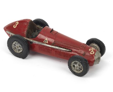 An Alfa Romeo 158 Alfetta GP model track-racing car, circa 1950,metal chassis underplate with red-painted wooden balsa bodywo