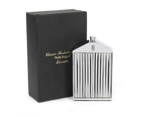 A boxed Rolls-Royce radiator decanter by Ruddspeed, British, 1960s,chromed surround with shutters, black enamel badge and 'to