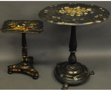 A Victorian painted mother of pearl inlaid papier mache occasional table, with oval tilt top together with a smaller similar 