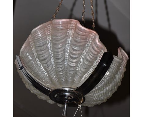 An Art Deco-style pendant light, comprising three opaque moulded glass panels modelled as seashells. D. 30cm