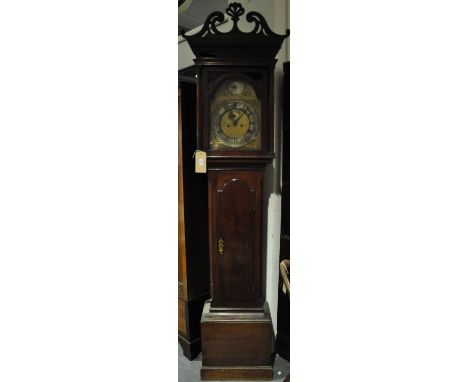 A George III mahogany 8 day longcase clock by Agar, York, the arched brass dial with silvered chapter ring, seconds and calen