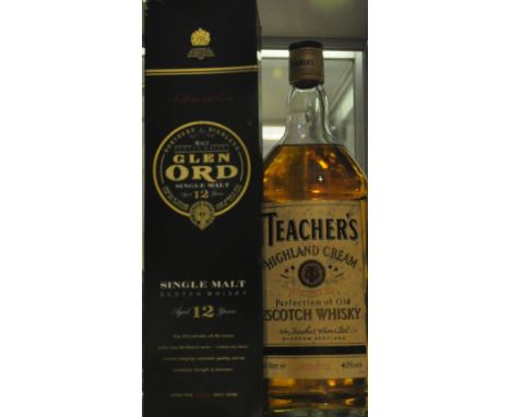 A bottle of Glen Ord single malt scotch whisky together with a litre bottle of Teachers whisky