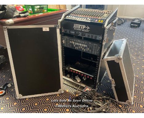 DJ AUDIO AND LIGHTING CONTROL SYSTEM IN TOTAL IMPACT FLIGHT READY CASE, INCLUDES SOUNDCRAFT EFX 12 MIXING BOARD, DBX DRIVE RA