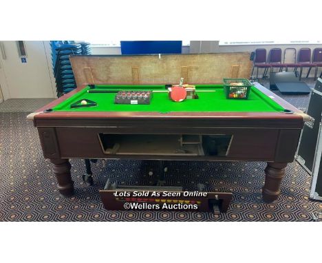 SUPREME POOL STANDARD SIZED POOL TABLE, RECENTLY REFELTED, INCLUDES BALLS, LIGHT, WALL MOUNTED CUE RACK, PAYMENT MECHANISM AN