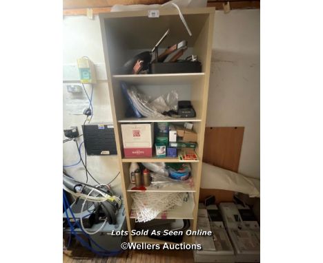 SHELVING UNIT INCL. LIGHT BULBS, MONEY COUNTER, POTS, PANS, BBQ ACCESSORIES, TRAYS AND MORE / COLLECTION LOCATION: OLD WOKING
