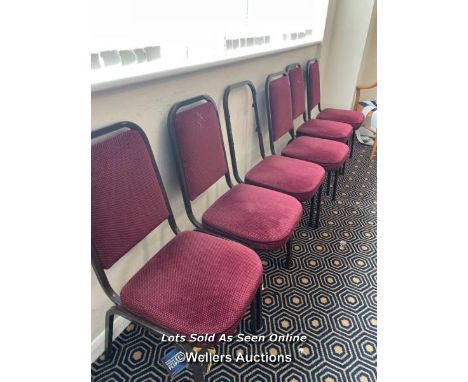 6X STACKABLE CHAIRS WITH CUSHIONED SEATS AND BACK, SOME DAMAGED, 87CM (H) X 39CM (W) / COLLECTION LOCATION: OLD WOKING DISTRI
