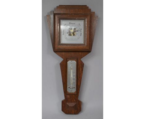 An Art Deco Wall Hanging Oak Cased Aneroid Barometer with Thermometer, 44cm high 