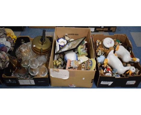 Three Boxes Containing Ceramic Bird and Figural Ornaments, Glassware, Brass Kettle etc 