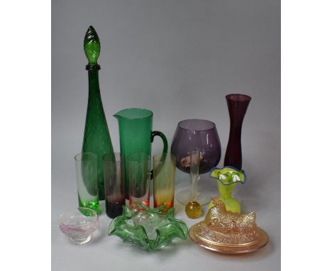 A Collection of Various Coloured Glass Wares to comprise Lemonade Jug, Large Empoli Decanter, Glasses, Vase Etc 