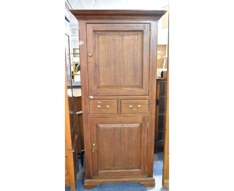 A Modern Mahogany Side Cabinet with Two Small Centre Drawers and Cupboards Above and Bellow, 89cm wide 