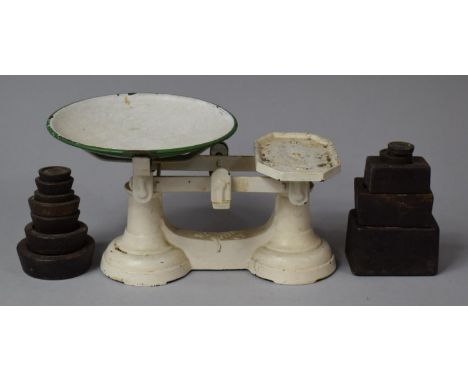 A Set of White Painted Vintage Scale with Weights 