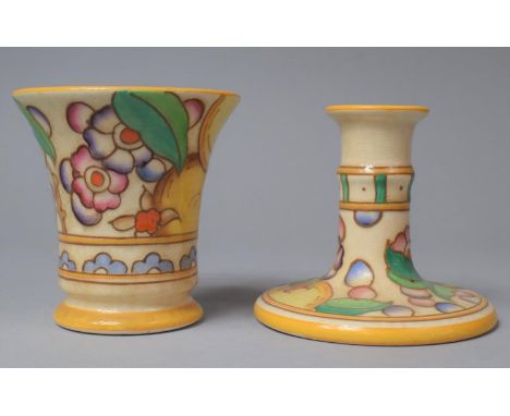 A Bursley Ware Charlotte Rhead Candle Stick and Vase, Vase 11cm high 