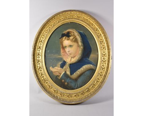 A Nice Quality Gilt Framed Oval Print Depicting Girl Catching Snowflakes, Glass Cracked 54x42cm 