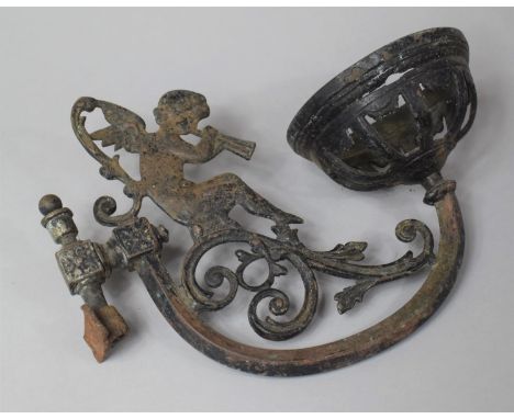 A Wall Mounting Cast Metal Lamp Fitting with Cherub Playing Pan Pipe Decoration, 33cm Wide 