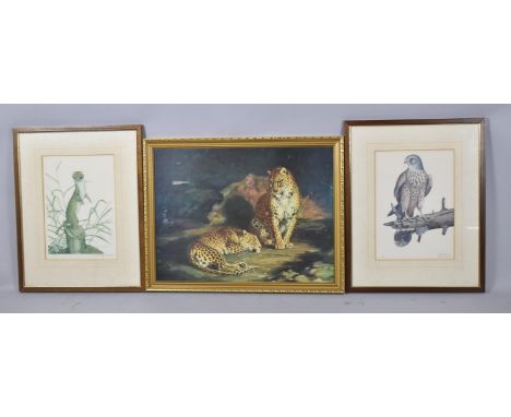 Two Framed Oxenham Prints and a Gilt Framed Print of Leopards After William Huggins 