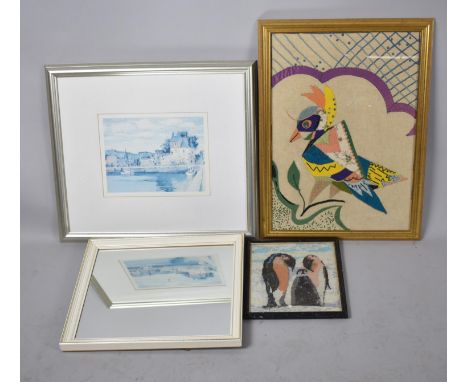 A Collection of Two Embroideries, Print and a Mirror 