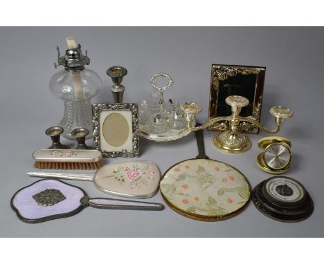 A Collection of Mid 20th Century Silverplate to Include Cruet Set, Three Branch Candelabra, Oil Lamp, Dressing Table Brushes 