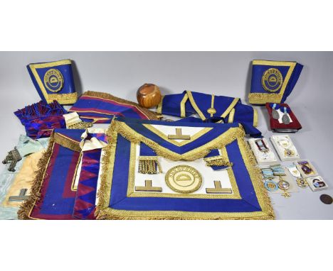 A Wicker Basket Containing Masonic Ephemera to Include Enamelled Jewels, Apron, Sash, Shropshire Cuffs etc 