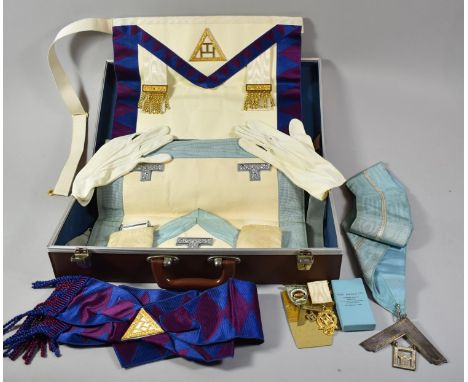 A Modern Monogrammed Case HJW Containing Collection of Masonic Ephemera to Include Apron, Sash, Jewels etc, 48cm wide 