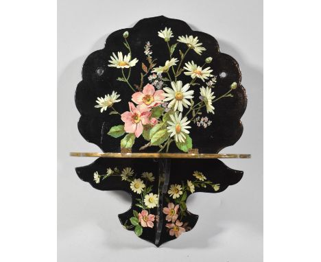 A Hand Painted and Lacquered Folding Wall Hanging Sconce Shelf Decorated with Wild Flowers, 27.5cm high 