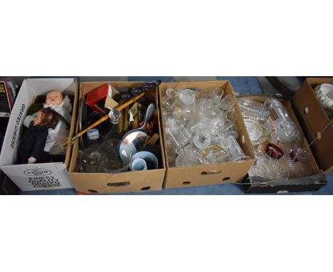Four Boxes Containing Various Pressed and Moulded Glasswares, Hand Mirror, Vintage Dolls etc 