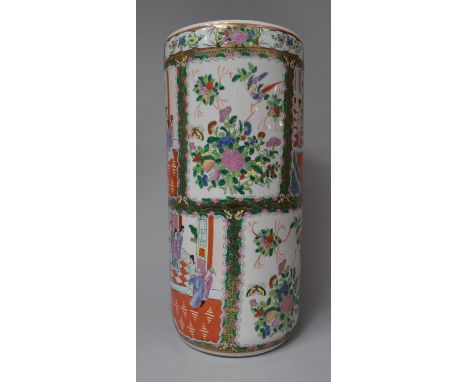 A Mid/Late 20th Century Chinese Stick Stand in the Famille Rose Pallet Depicting Interior Court and Exterior Scenes, 47cm hig