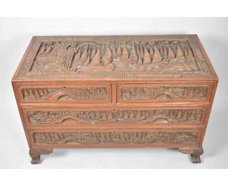 A Mid 20th Century Heavily Carved Camphor Chest of Two Short and Two Long Drawers on Carved Bracket Supports, 95cm Wide 