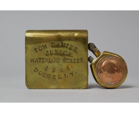 A Trench Art Vesta with Hinged Lid Inscribed Tom Davies Junior, Waterloo Street, 1901, Dolgelly Together with a Brass George 