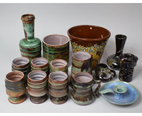 A Collection of Various Glazed Studio Art Pottery Ceramics to comprise Llangollen Terracotta Glazed Wares include Goblets and