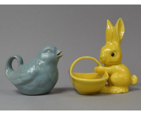 A Novelty Blue Glazed Bird Jug and a Goebel Yellow Glazed Rabbit 