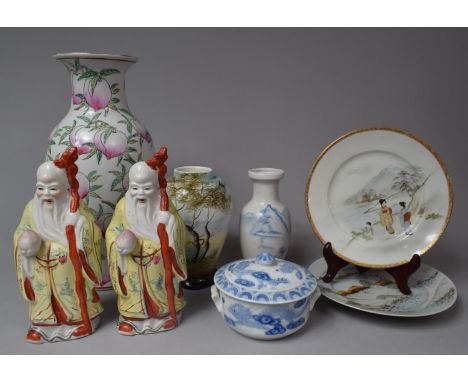 A Collection of 20th Century Chinese and Japanese Ceramics to Include Pair of Shou Lou Figures, Peach Decorated vase, Lidded 