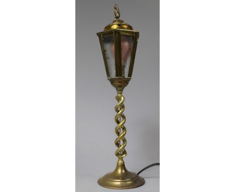 A Mid 20th Century Brass Novelty Table Lamp in the Form of a Hexagonal Street Lamp on Barley Twist Support, Flame Finial, 49c