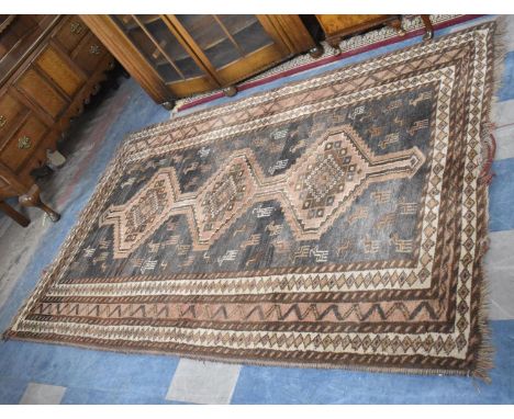 A Hand Woven Tribal Carpet with Traditional Village Design within Geometric Border, 240x156cm 