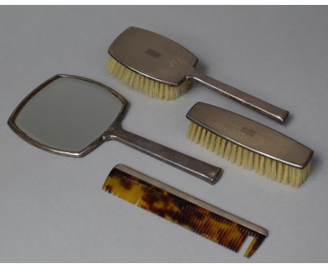 A Silver Mounted Dressing Table Set Comprising Two Brushes, Comb and Mirror, Condition Issues 