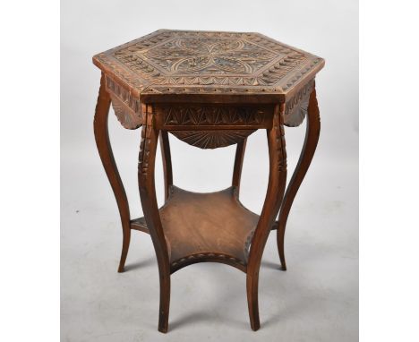 An Edwardian Octagonal Carved Top Table on Cabriole Supports with Shaped Stretcher Shelf, 58cm Diameter, Condition Flaws 